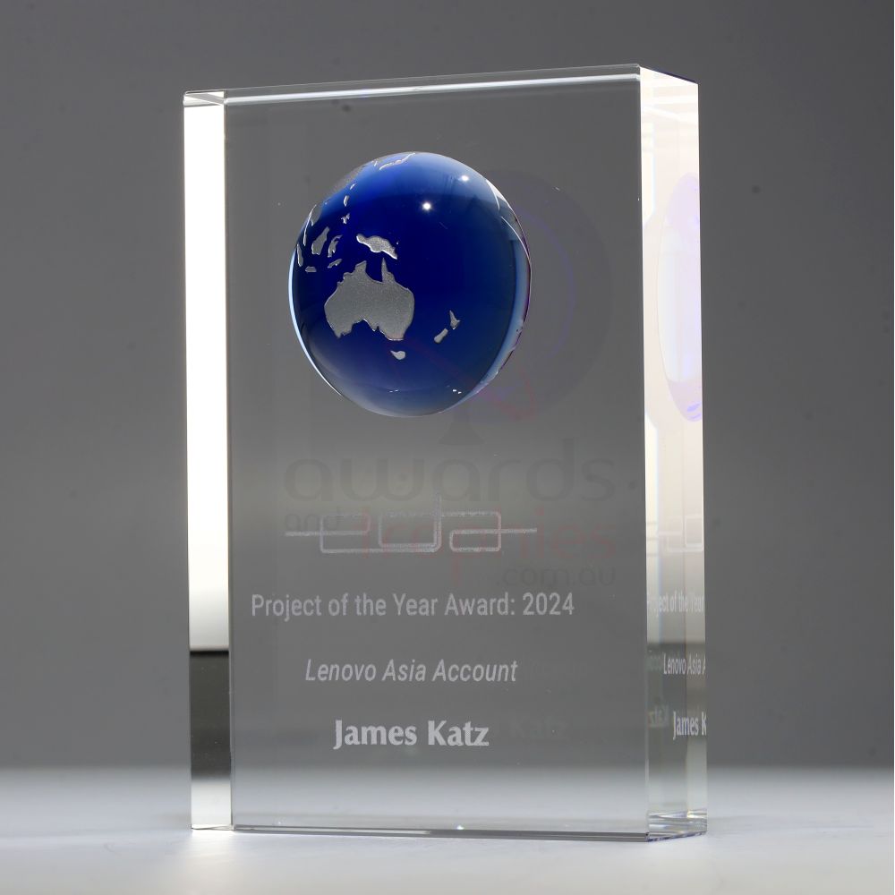 Blue Globe on Crystal Block 135mm